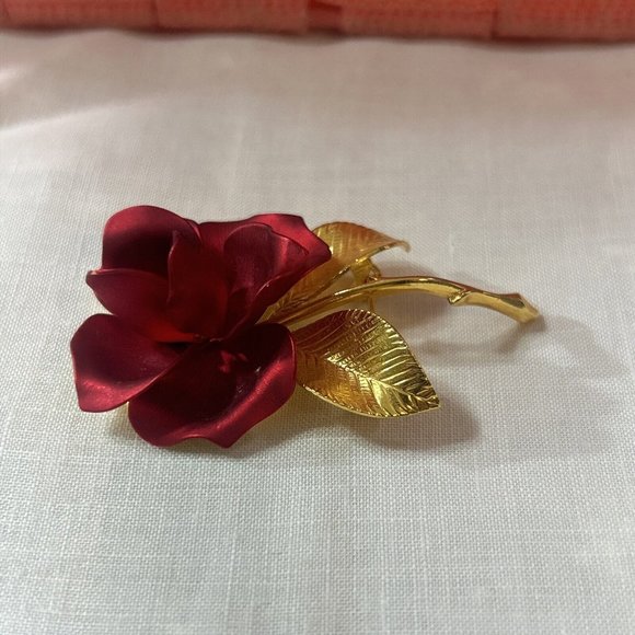 CERRITO Enamel Red Rose Flower Brooch Pin Vintage Approx 2.5" - Picture 2 of 10